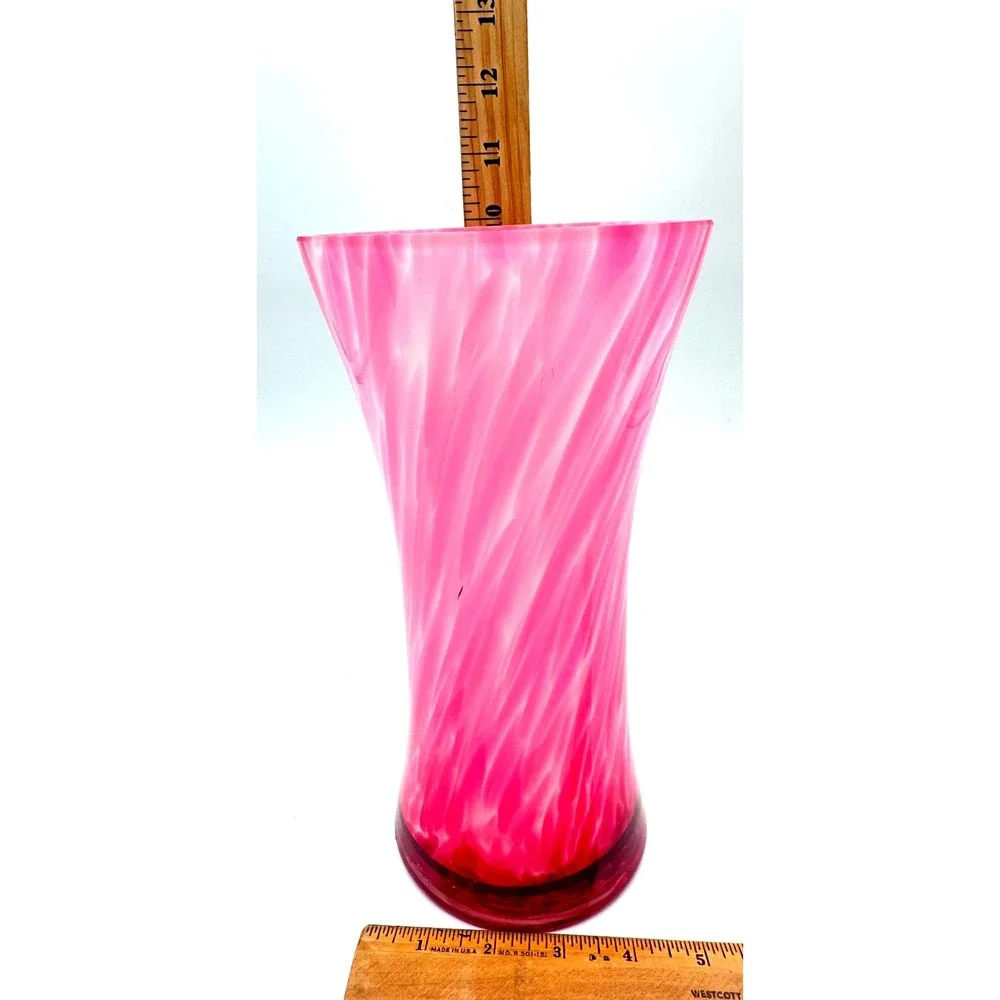 Pink White Swirl Glass Trumpet Vase 8in Fuchsia Hand Blown Flared Floral Decor